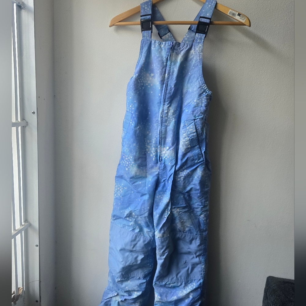 Lands End Kids Blue, White, Lavander Star Flakes Snow Overalls Bib Size 10 Slim
